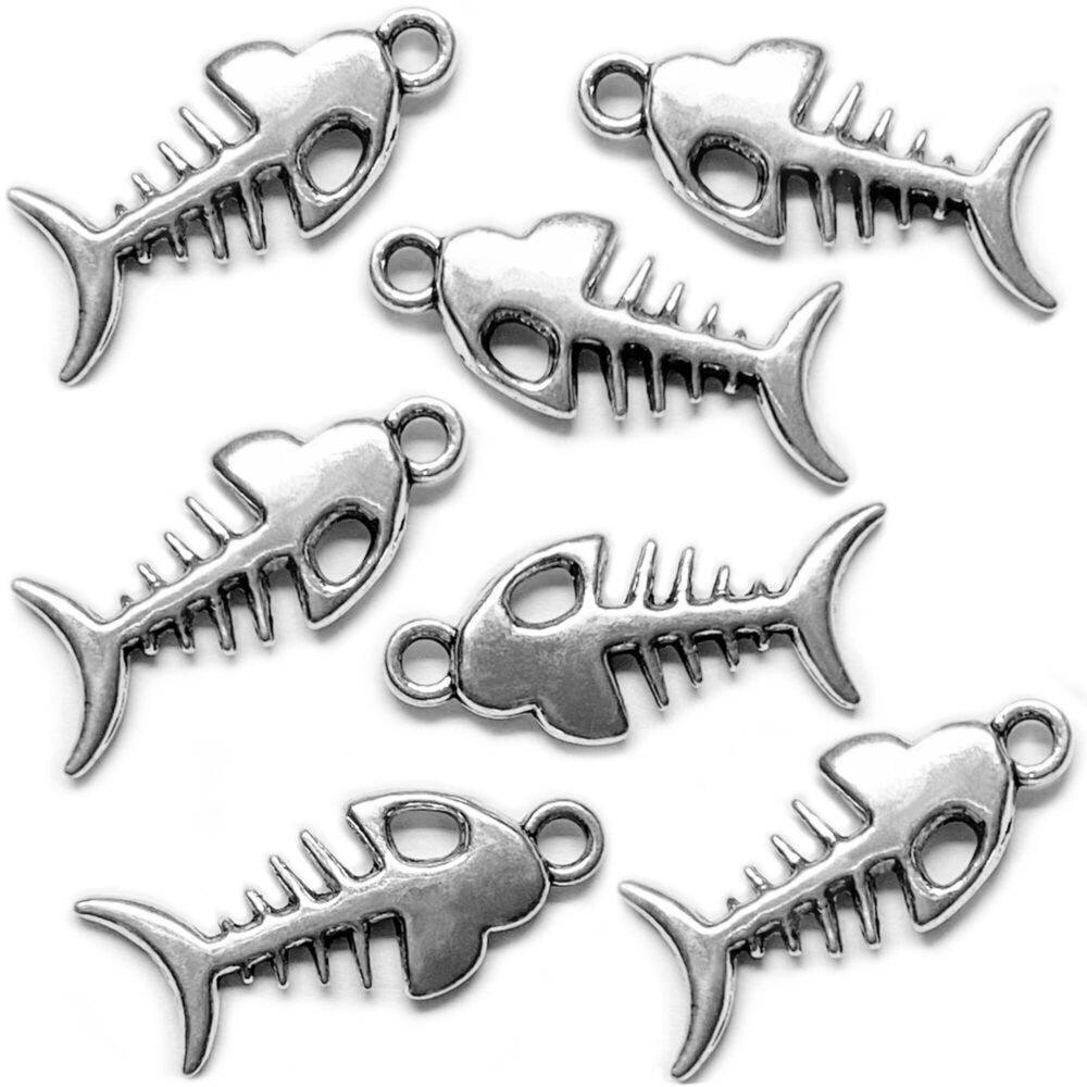 5948 Silver Fish Bone Charms. 140 pcs Antique Silver Non-TarnishLead-Free